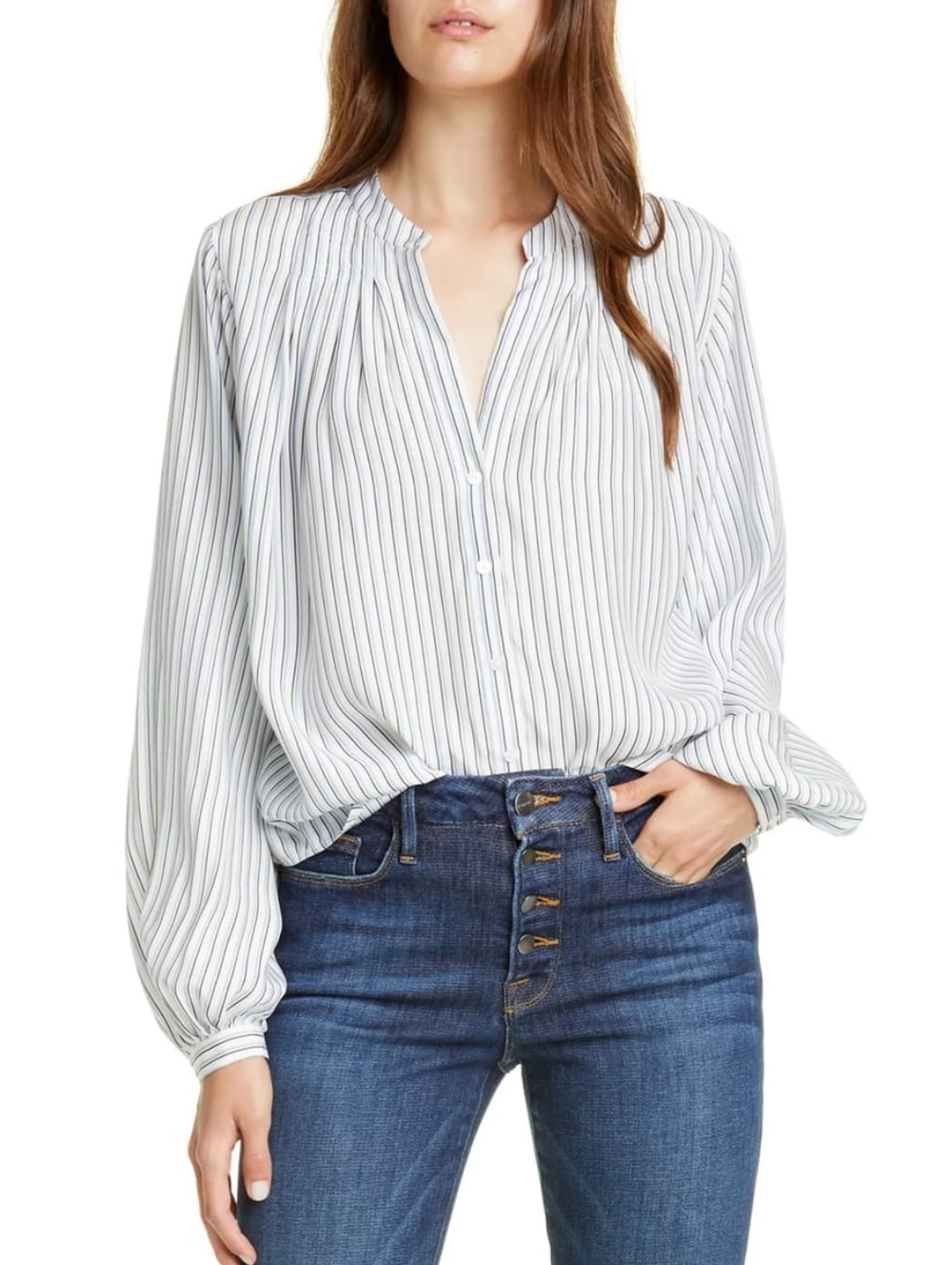 NEW FRAME Striped Button Pleated Silk Blouse White Black Blue Sz S